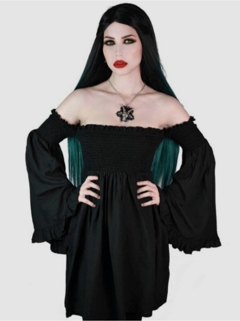 Killstar Off-Shoulder Black Gothic Dress with Bell Sleeves